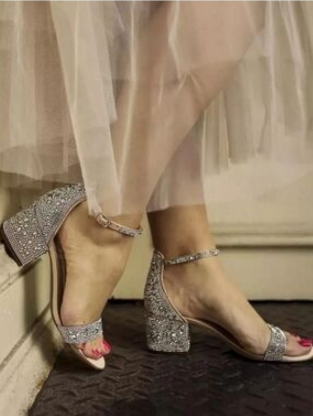 Betsey Johnson MARI Champagne Satin Crystal Rhinestone Block Heel Sandals 9